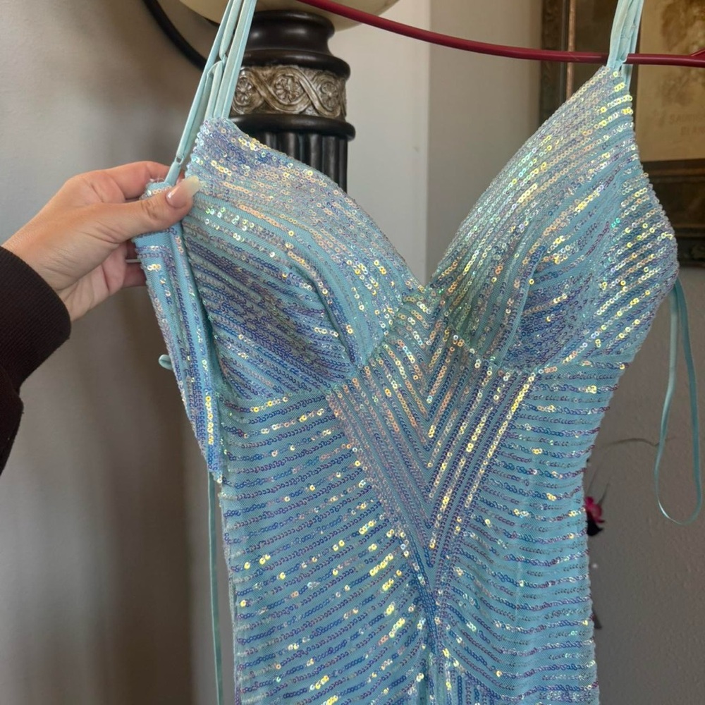 Windsor Blue Sequin Prom Dress with Plunging Neckline
